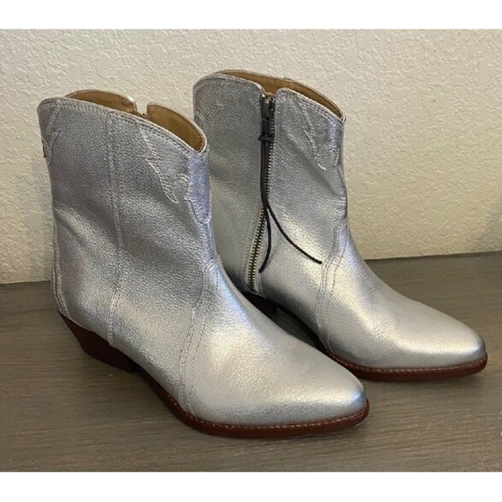 Metallic Silver‎ Leather Western Ankle Boots Pointed Toe Side Zip Cowboy Booties